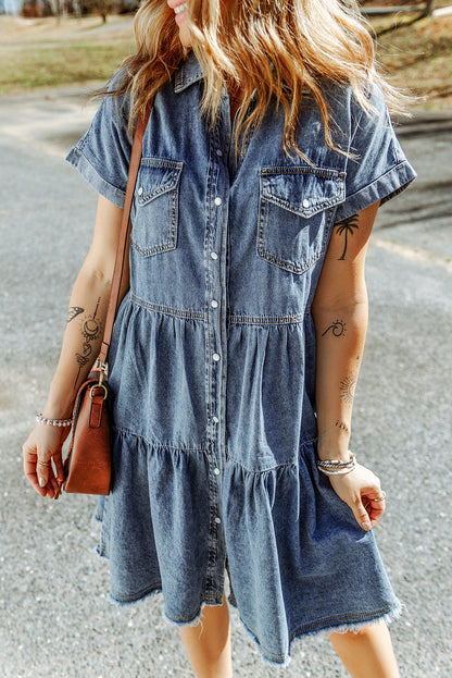 Gray Button Up Short Sleeve Denim Shirt Dress