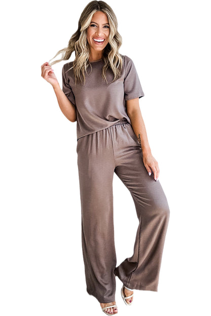 Smoke Gray Solid Color T-Shirt and Wide Leg Pants Set