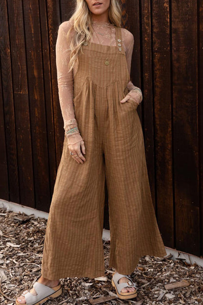 Brown Striped Pleated Pockets Wide Leg Jumpsuit