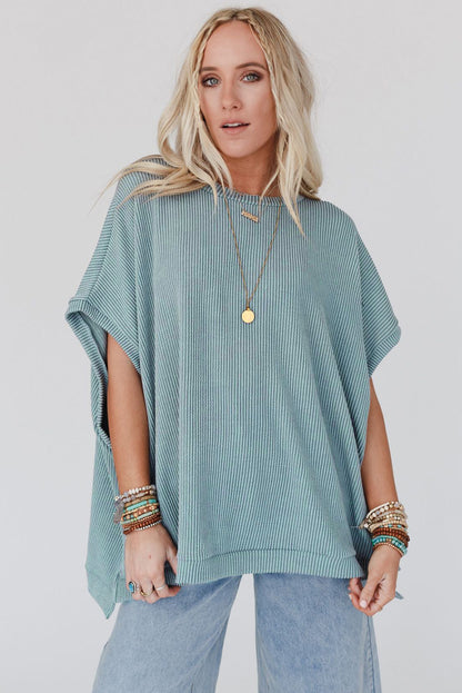 Sky Blue Plain Ribbed Knit Batwing Sleeve Tunic Oversized T Shirt