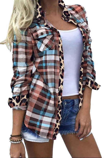 Multicolor Plaid Leopard Trim Collared Button Up Shirt