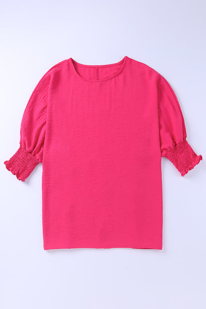 Rosy Solid Casual Smocked Cuffs Top