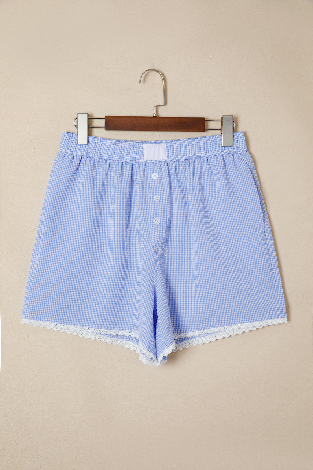 Green Gingham Plaid Button Detail Lace Trim Boxer Shorts