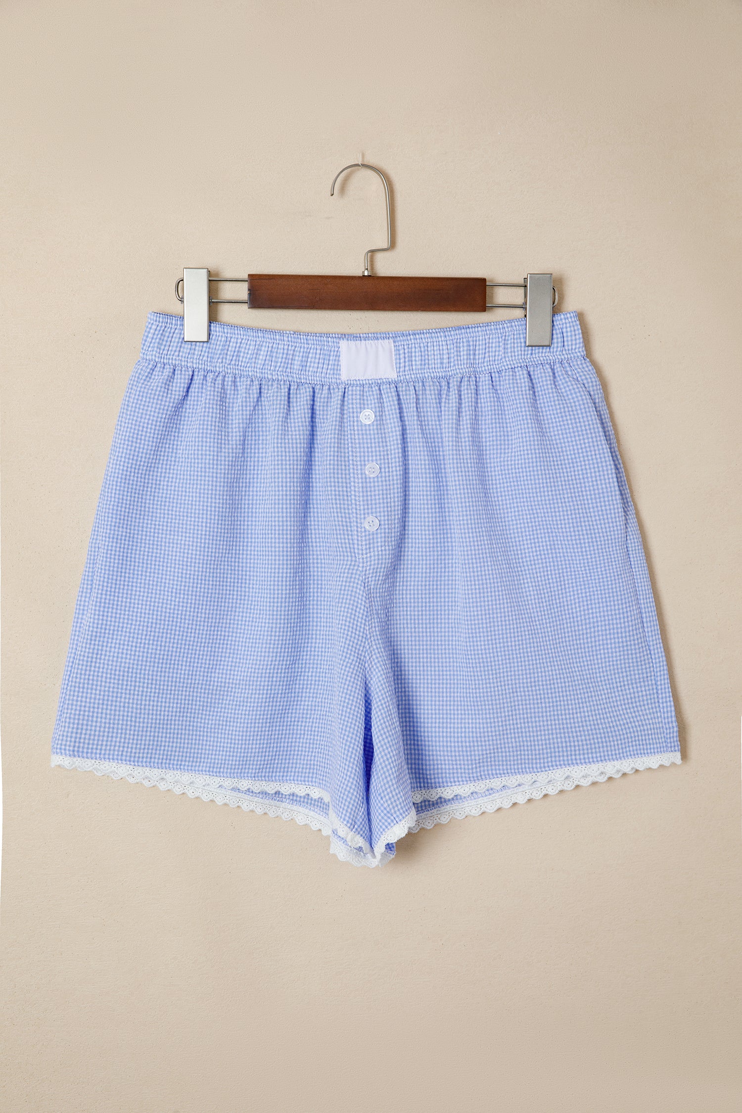 Green Gingham Plaid Button Detail Lace Trim Boxer Shorts
