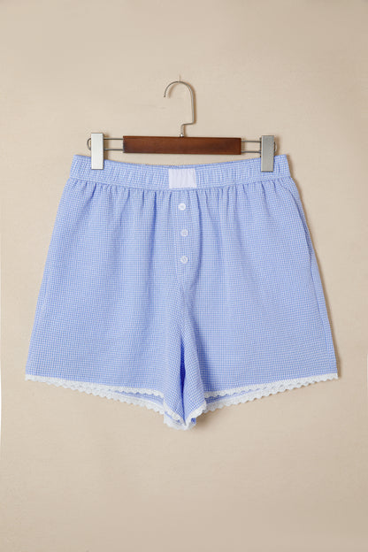 Green Gingham Plaid Button Detail Lace Trim Boxer Shorts