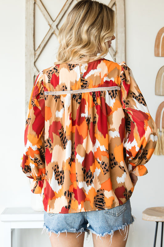 Multicolor Abstract Print Boho Ruffle Long Sleeve Blouse