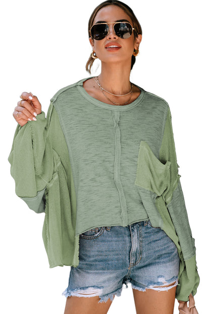 Green Splicing Long Sleeve Pocketed Oversized Top