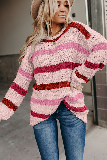 Multicolor Stripes Print Popcorn Drop Shoulder Pullover Sweater