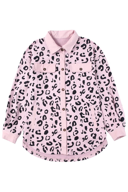 Pink Leopard Collared Neckline Flap Pockets Corduroy Jacket