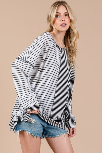 Ces Femme Striped Round Neck Long Sleeve Knit Top
