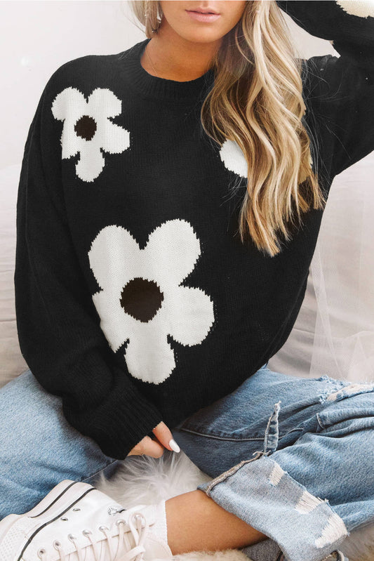 Black Flower Pattern Ribbed Trim Knit Sweater