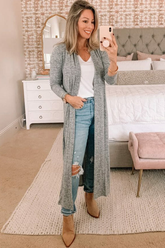 Gray Casual Tie Back Open Front Long Cardigan