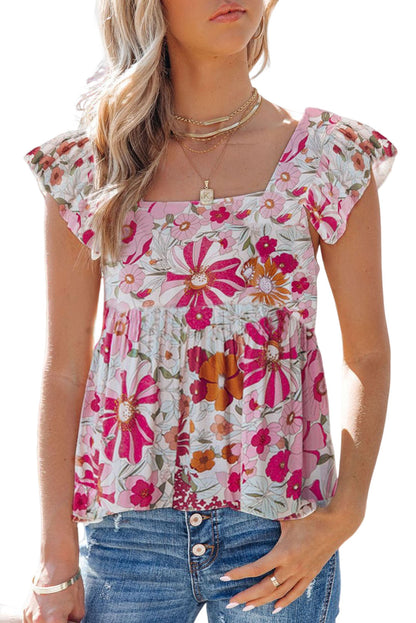 Purple Floral Print Flowy Flutter Sleeveless Shirt