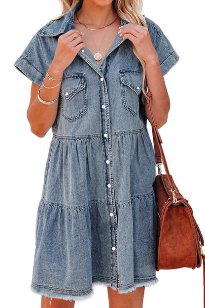 Gray Button Up Short Sleeve Denim Shirt Dress