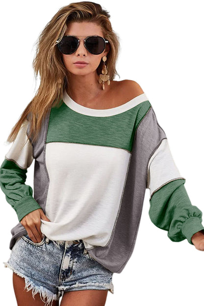 Khaki Color Block Exposed Seam Long Sleeve T Shirt