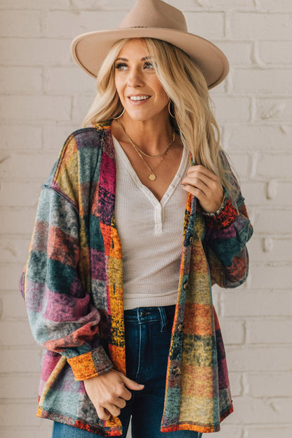 Multicolor Brushed Checked Tunic Buttoned Jacket