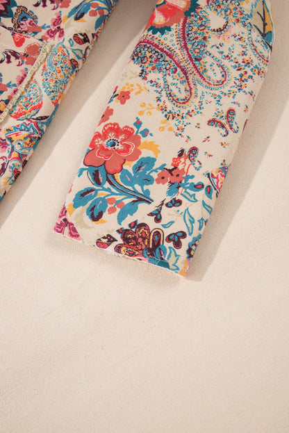 Khaki Vintage Paisley Floral Printed Sherpa Lined Hooded Jacket