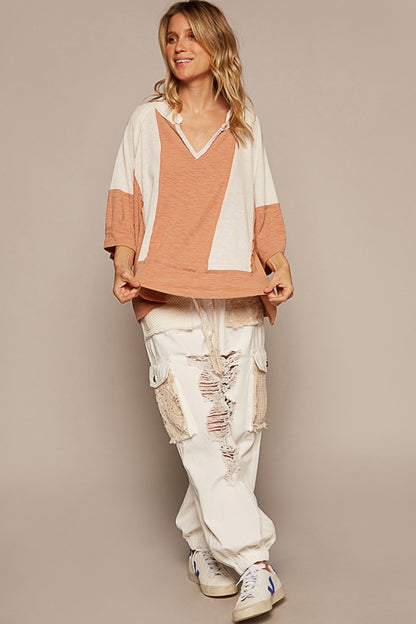 POL Notched Frayed Edge Contrast Top