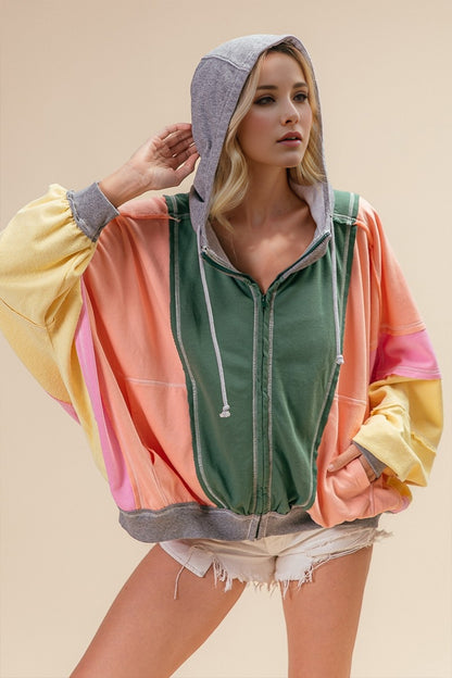 Double Take Full Size Color Block Zip Up Hoodie