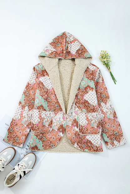 Khaki Vintage Paisley Floral Printed Sherpa Lined Hooded Jacket