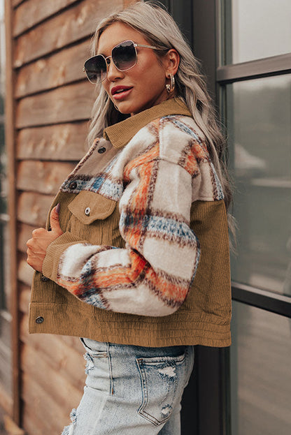 Green Plaid Corduroy Flap Pockets Boxy Chunky Jacket