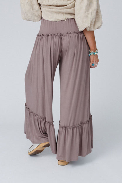 Khaki Frill Detail Drawstring High Waist Wide Leg Pants