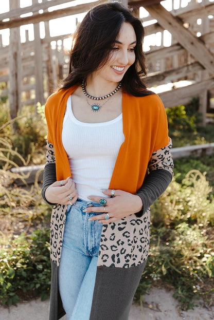 Orange Leopard Print Colorblock Patchwork Knit Cardigan