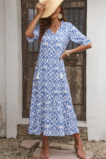 Pink Geometric Print Casual V Neck Maxi Dress