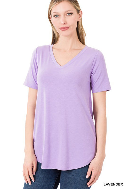 SHORT SLEEVE V-NECK ROUND HEM TOP