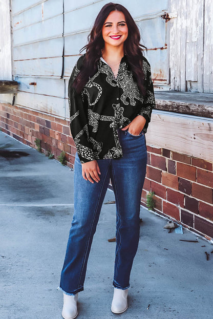 Black Cheetah Print Long Sleeve Satin Shirt