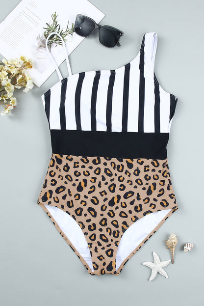 Leopard Striped Colorblock Asymmetrical Sleeveless One Piece Swimsuit