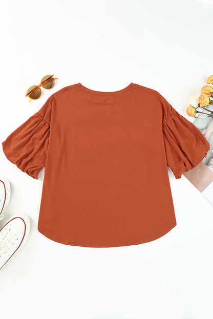 Orange Solid Color Casual Bishop Sleeve Blouse