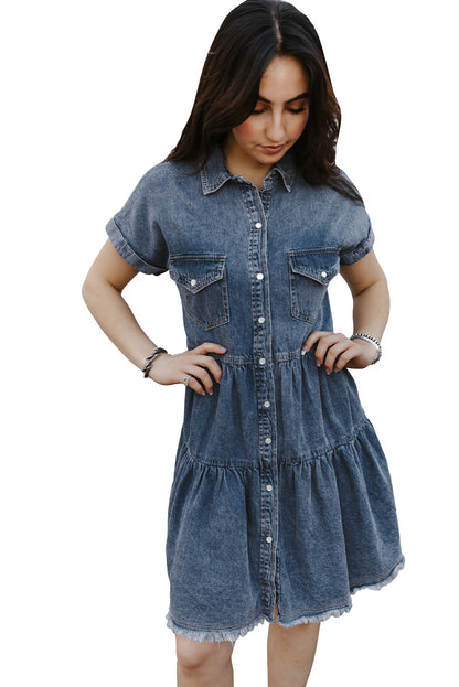 Gray Button Up Short Sleeve Denim Shirt Dress