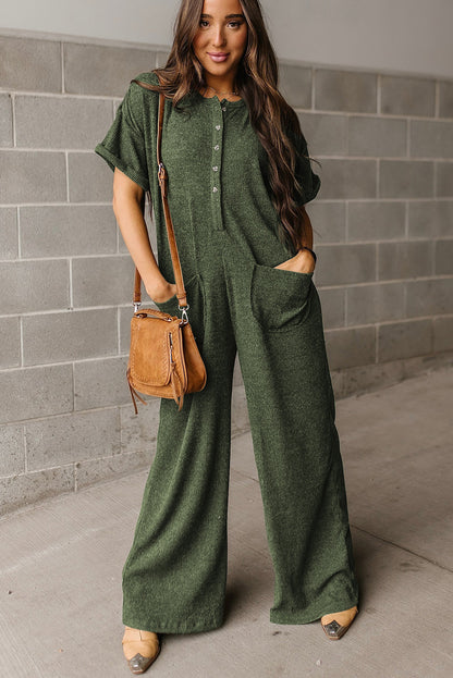 Jungle Green Textured Side Pockets Buttoned Wide Leg Jumpsuit