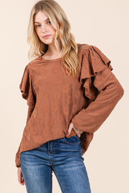 BOMBOM Ruffled Flower Round Neck Blouse