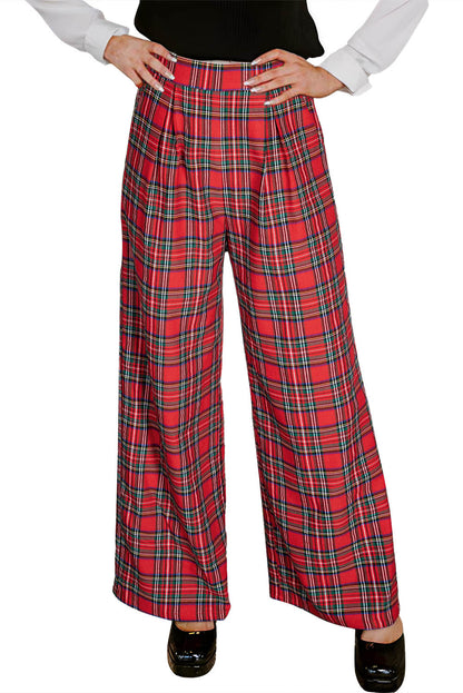 Red Christmas Plaid Wide Leg Pull-On Pants