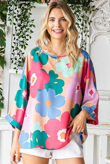 Pink Boho Floral Print Bell Sleeve Blouse