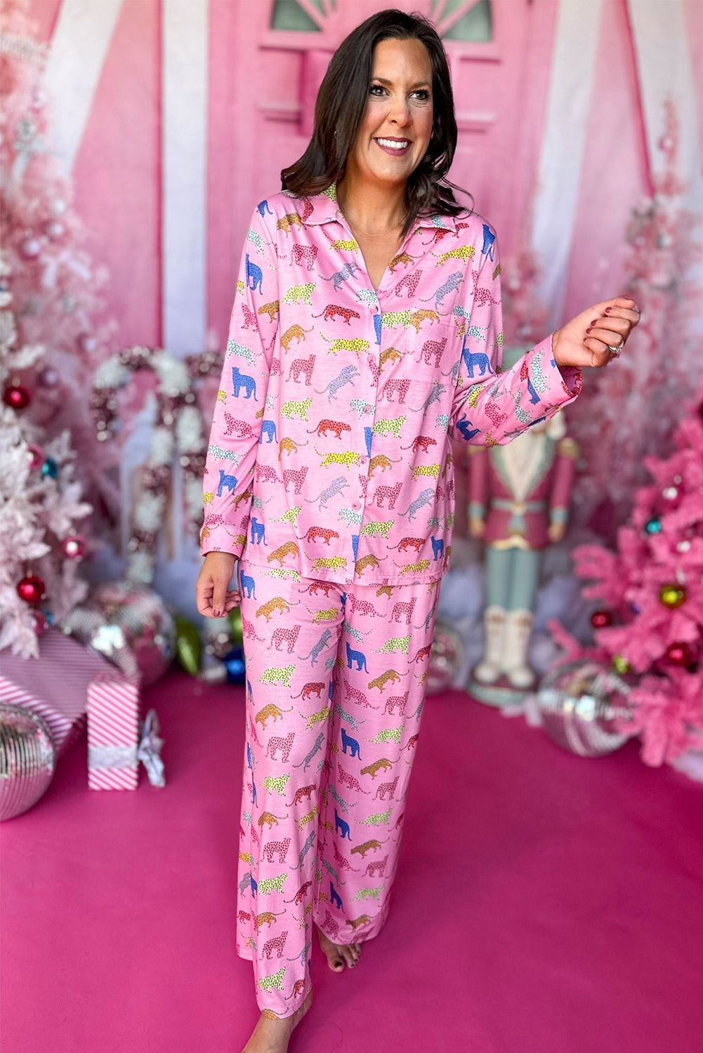 Pink Cheetah Print Shirt and Wide Leg Pants Pajama Set