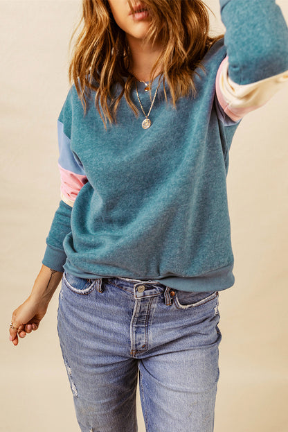 Rosy Color Block Casual Drop Sleeve Sweatshirt