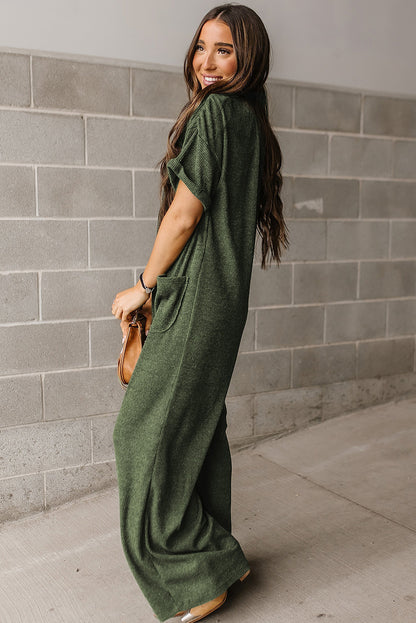 Jungle Green Textured Side Pockets Buttoned Wide Leg Jumpsuit