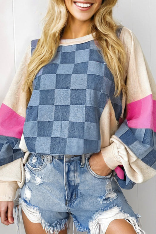 Sky Blue Checkered Denim Exposed Seam Patchwork Sweatshirt