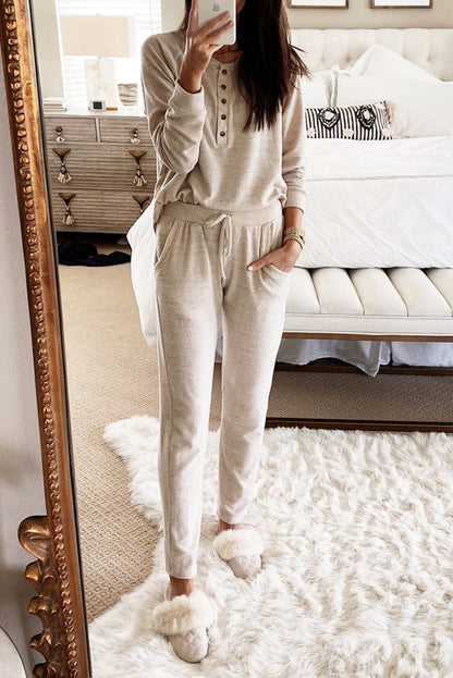 Apricot Long Sleeve Button Top & Drawstring Pants Set