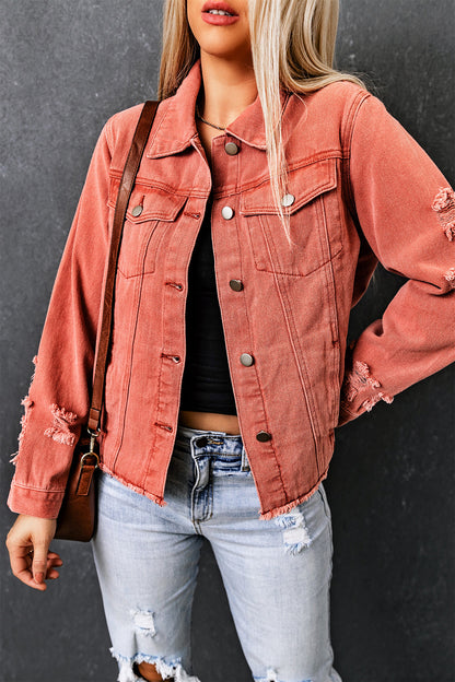 Red Distressed Raw Hem Pocket Buttons Denim Jacket