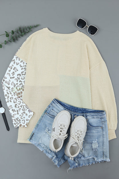 Cheetah Print Color Block Casual Pullover Long Sleeve Top