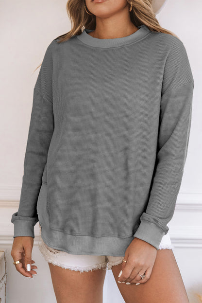 Pink Waffle Knit Crew Neck Casual Long Sleeve Top