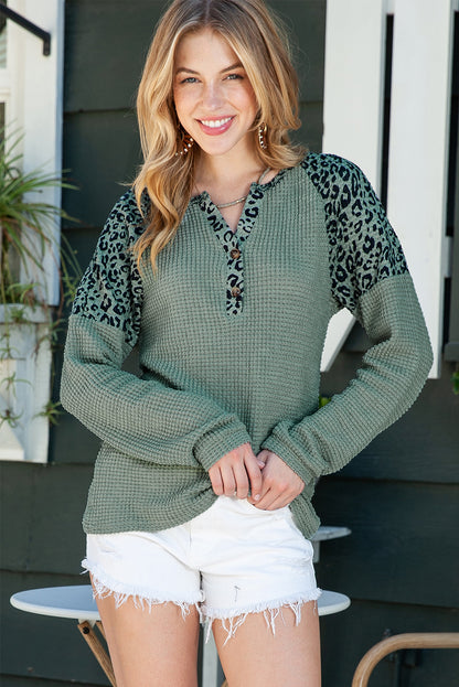 Green Leopard Print Waffle Knit Long Sleeve Henley Shirt