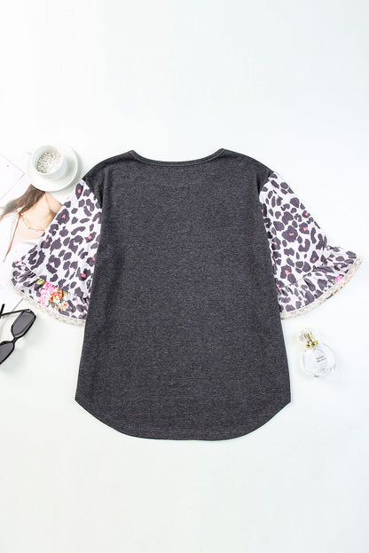 Black Ruffle Leopard Patchwork Sleeves Casual Summer Top