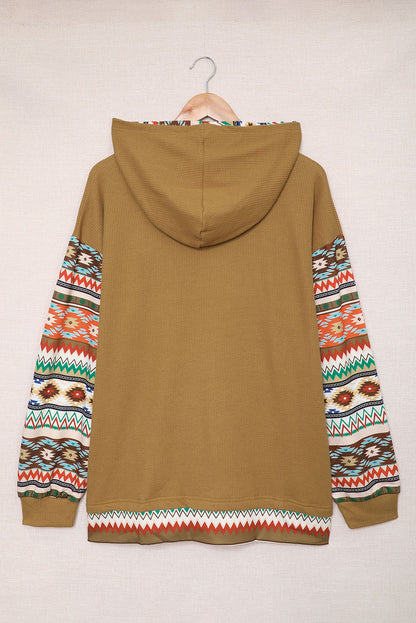 Khaki Texture Aztec Drop Sleeve Waffle Plus Size Hoodie