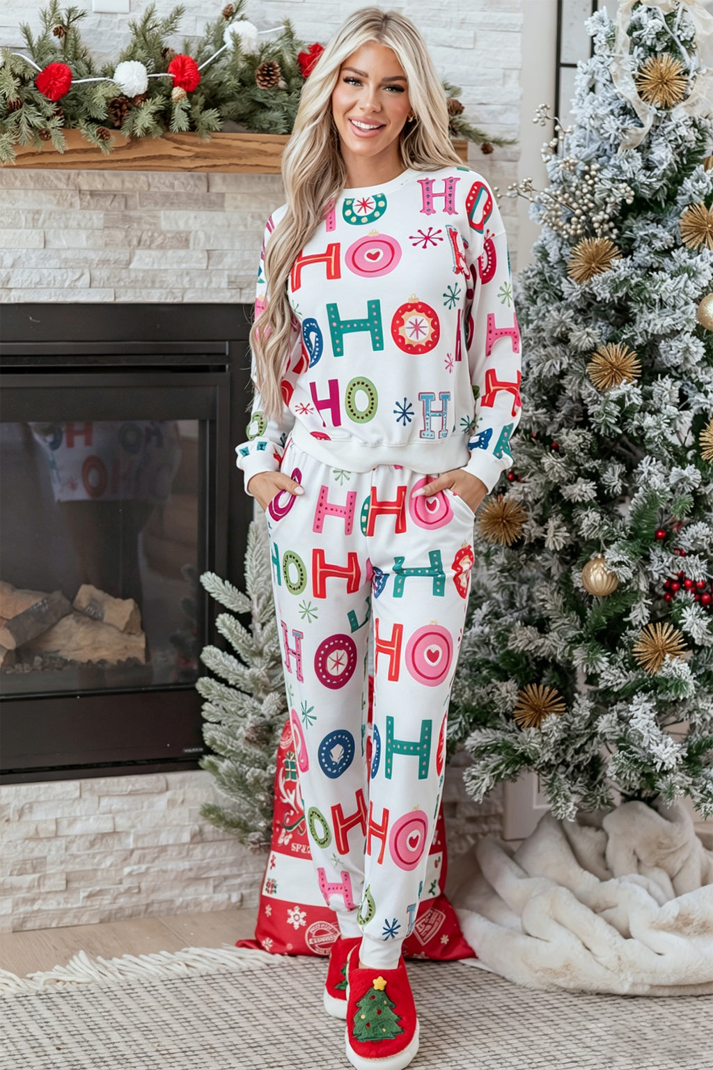 Multicolour Ho Ho Ho Print Long Sleeve Lounge Set
