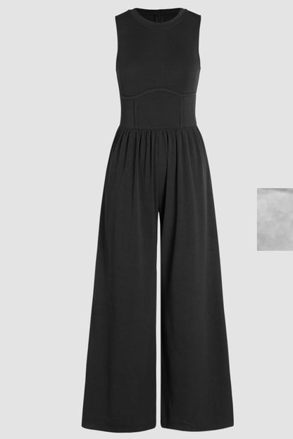 Black Plain Sleeveless Cinched Waist Wide Leg Jumpsuit